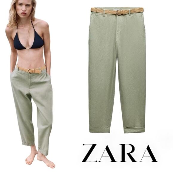 ZARA | Light Khaki | LINEN BLEND CHINOS WITH BELT - Picture 1 of 7